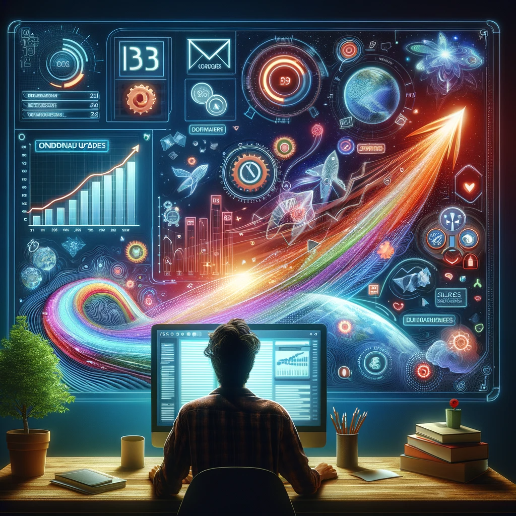 DALL·E 2023 11 24 14.43.17 An image depicting a person sitting at a desk with a large computer screen in front of them. The screen displays a vibrant evolving virtual landscape